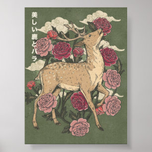 Póster El Ciervo Hermoso Y Rosas