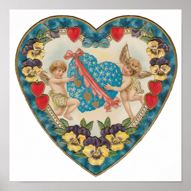 Póster El día de San Valentín antiguo de época, ángeles e (Frente)