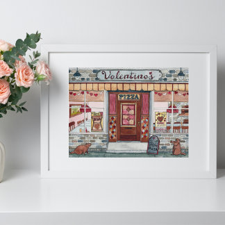 Póster El día de San Valentín Pizza Shop Watercolor