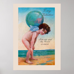Póster El día de San Valentín Vintage Cupido Holding Glob