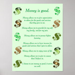Póster El dinero es bueno, afirmaciones positivas signos 
