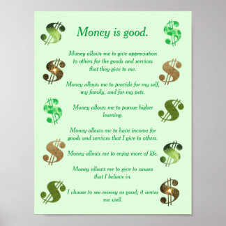 Póster El dinero es bueno, declaraciones positivas señale