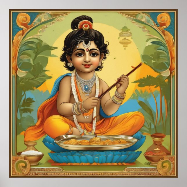 Póster El divino Señor Krishna en la infancia con flauta (Frente)