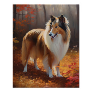 Póster El duro collie en otoño se inspira en las hojas