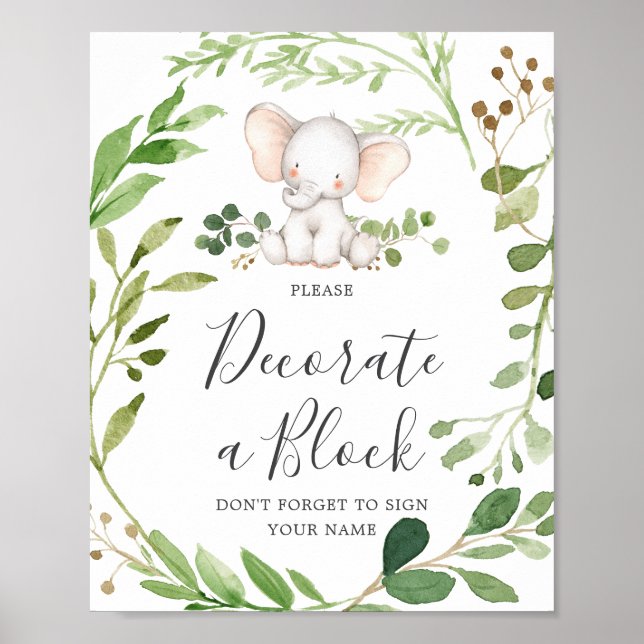 Póster El elefante Baby Shower decora un Rótulo en bloque (Frente)