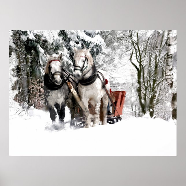 Póster El equipo de caballos Sleigh Pasea Por Snowy Woods (Frente)