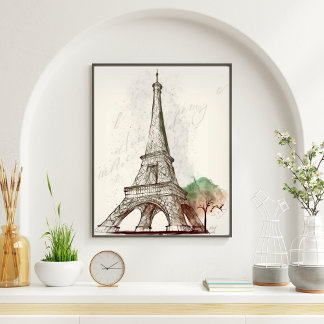 Póster El Esbozo De La Torre Eiffel Junto A Un Árbol
