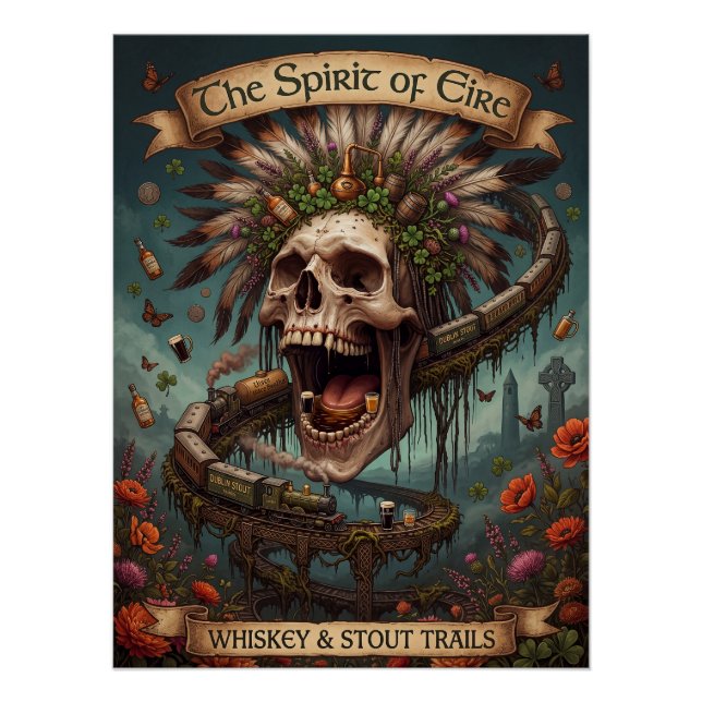 Póster El Espíritu de Éire - Whiskey Irlandés y Cráneo de (Anverso)