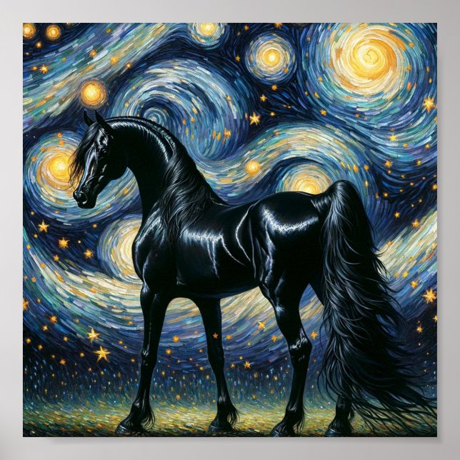 Póster El espléndido Stallion Negro en la noche estrellad (Frente)