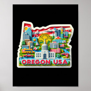 Póster El Estado De Oregón En El Pegatina Estadounidense