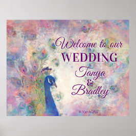 Póster El fondo rosado morado de pavo real es bienvenido 