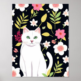 Póster El gato blanco sonriendo en medio de flores sin co