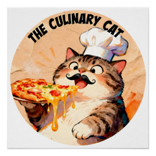 Póster El gato culinario con Chef Gato Pizza sosteniendo