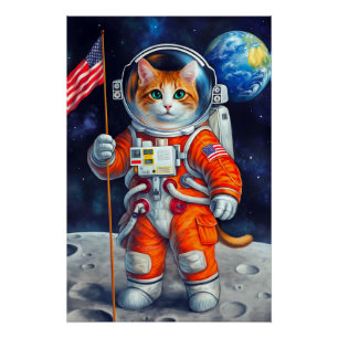 Póster El gato del astronauta cósmico patriota bandera es