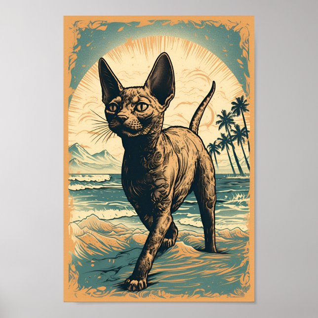 Póster El gato Devon Rex en una playa tropical (Frente)