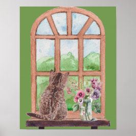 Póster El gato en la ventana Flores de sereno escénico