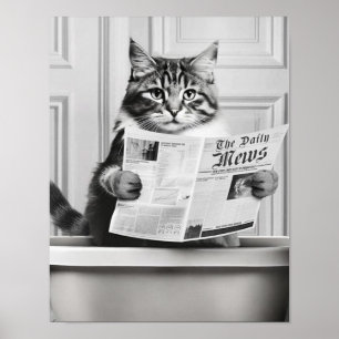 Póster El gato está sentado en el inodoro, gato leyendo n
