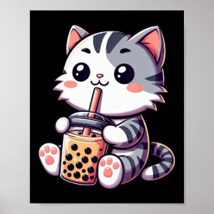 Póster El gato lindo Kawaii Gato Boba Leche de burbuja Té