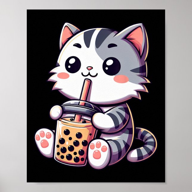 Póster El gato lindo Kawaii Gato Boba Leche de burbuja Té (Frente)