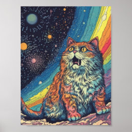 Póster El gato mee en el espacio con arcoiris