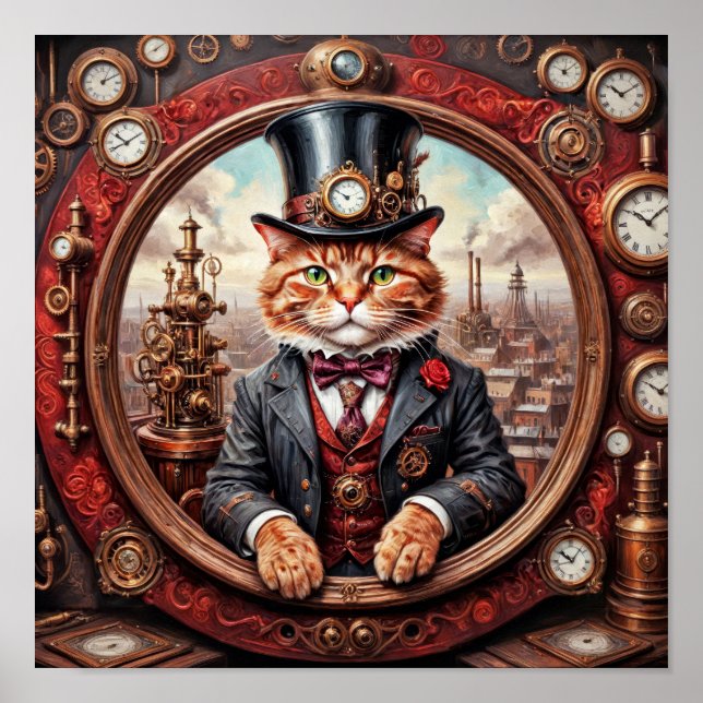 Póster El gato noble Steampunk en un mundo industrial (Frente)