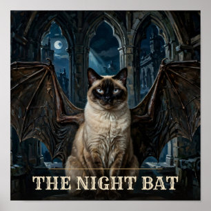 Póster El gato siamés murciélago nocturno para Halloween