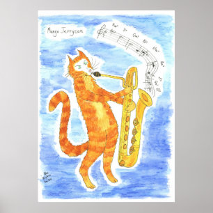 Póster El gato toca el saxofón "pasos gigantes" del