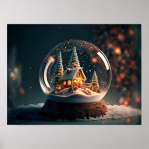 Póster El globo de nieve con el árbol de Navidad y la cas