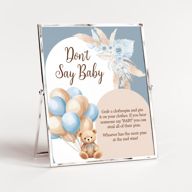 Póster El globo de oso azul Baby Shower no dice bebé (Boy Bear Arch Balloon Baby Shower Don't Say Baby Sign)