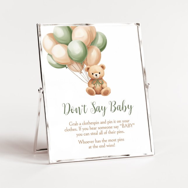 Póster El globo de oso verde sabio Baby Shower no dice be (Green Boho Bear Baby Shower Don't Say Baby Sign)