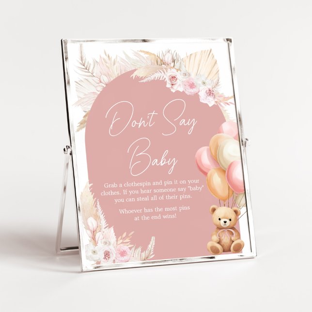Póster El globo rosa de oso de boho Baby Shower no dice b (We Can Bearly Wait Baby Shower Don't Say Baby Sign)