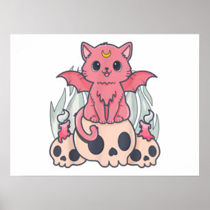 Póster El Gótico Kawaii Pastel, el gato y el cráneo de cr