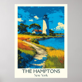Póster El Hamptons New York Vintage Lighthouse Beach Art