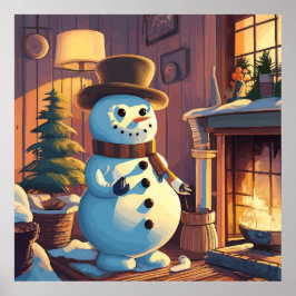 Póster El hombre de nieve cerca del árbol de Navidad
