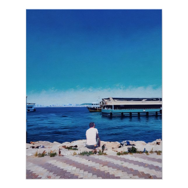 Póster El Hombre Disfruta De La Vista Serene Del Puerto C (Anverso)