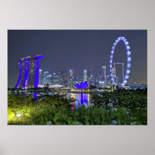 Póster El horizonte de Singapur de noche