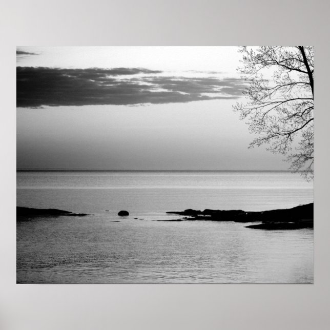 Póster El horizonte del lago blanco y negro al amanecer 1 (Frente)