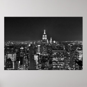 Póster El horizonte nocturno de Nueva York en blanco y ne