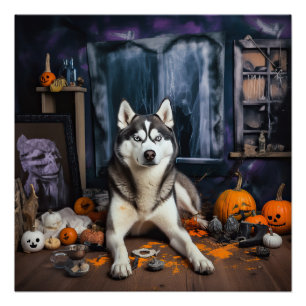 Póster El Husky Siberiano Calabaza Halloween Scary