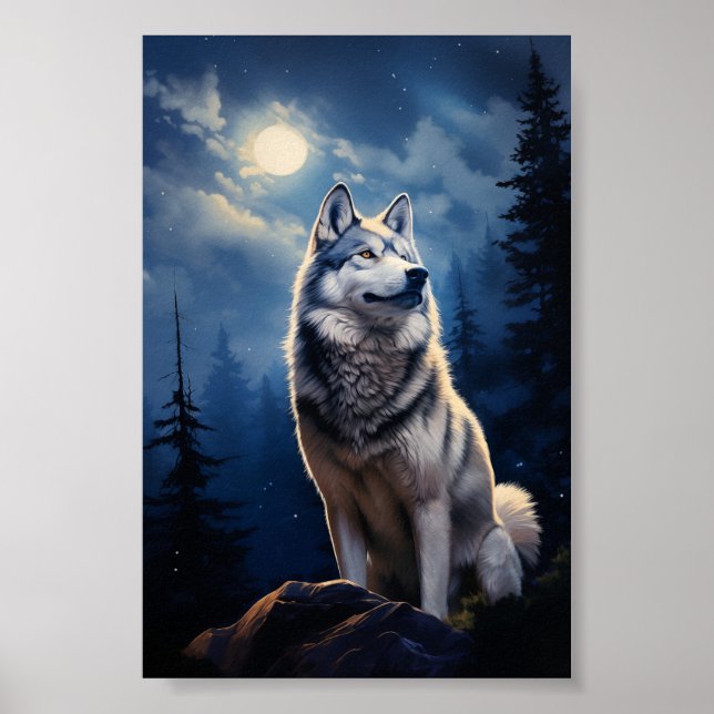 Póster El Husky Siberiano en la noche de la luna (Frente)