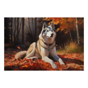 Póster El Husky Siberiano en otoño se inspira en las hoja