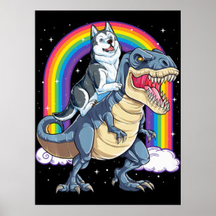 Póster El Husky Siberiano Montando Dinosaurios Rex Regalo