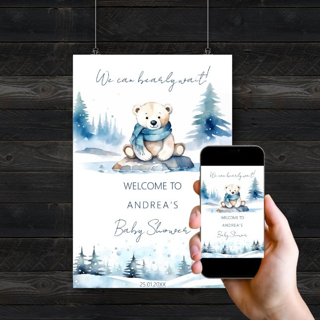 Póster El invierno del oso polar espera la bienvenida del (Polar bear winter bearly wait baby shower editable template welcome poster digital download cute)