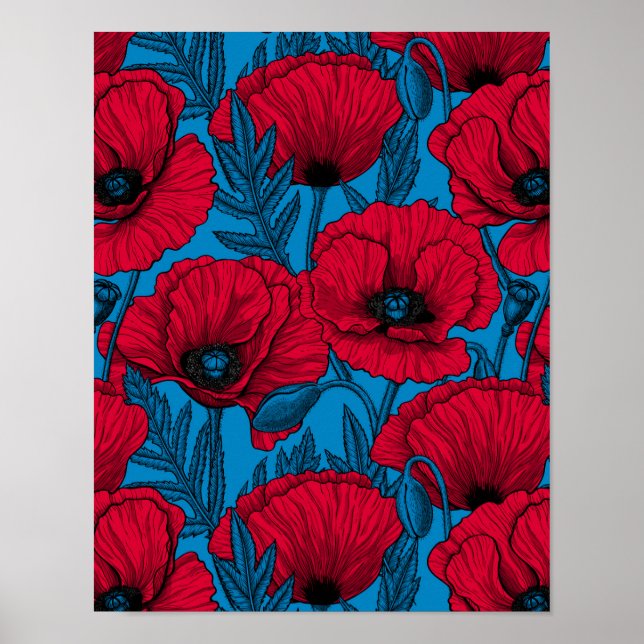 Póster El jardín de amapola roja en azul (Frente)