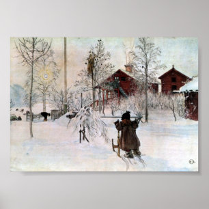 Póster El jardín delantero y la casa lavada en la nieve