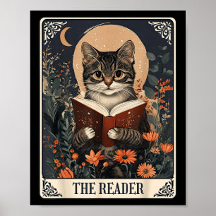 Póster El lector Tarot Card Cat leyendo libro floral