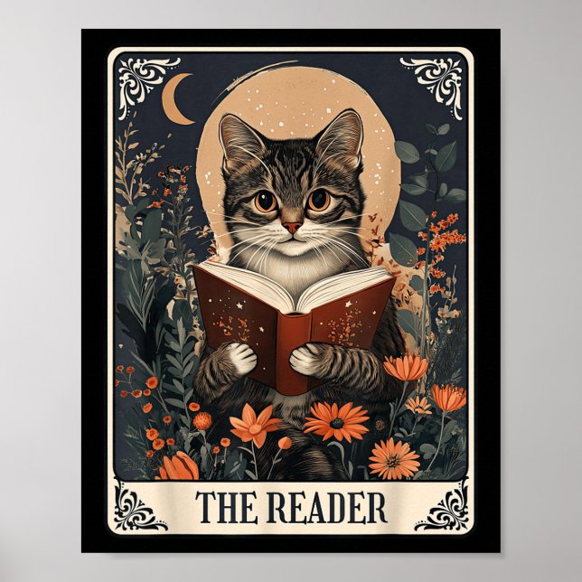 Póster El lector Tarot Card Cat leyendo libro floral (Frente)