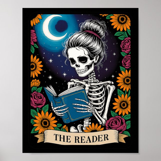 Póster El lector Tarot Card Gracioso libro Lover Skeleton (Frente)