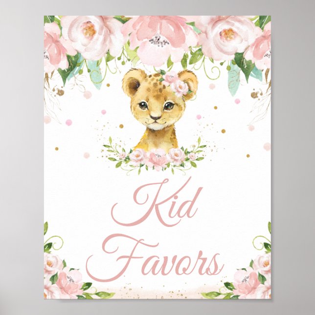Póster El León Rubor Pink Floral Party Kid Favor (Frente)