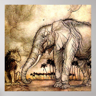 Póster “El león y el elefante” de Arthur Rackham